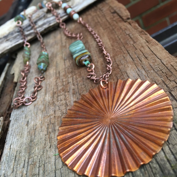 ON SALE, CLEARANCE, extra long copper sunburst pendant, bold copper pendant, layering necklace, long copper beadeD pendant, gift for her,