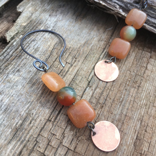 CLEARANCE, ON SALE, pale coral and copper earrings, peach earrings, dangle earrings, drop earrings, gift for her, semi precious stones