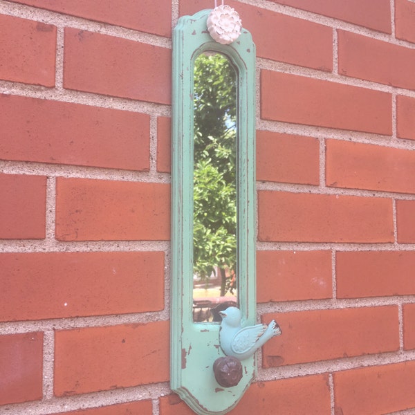 tall skinny aqua rustic wall mirror, antiqued wall mirror, distressed mirror, shabby chic mirror, cottage chic, boho, bathroom mirror, foyer