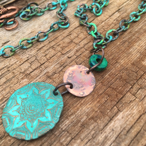 copper verdigris patina turquoise floral pendant, copper necklace, flower pendant, turquoise necklace, gift for her, boho necklace, ooak