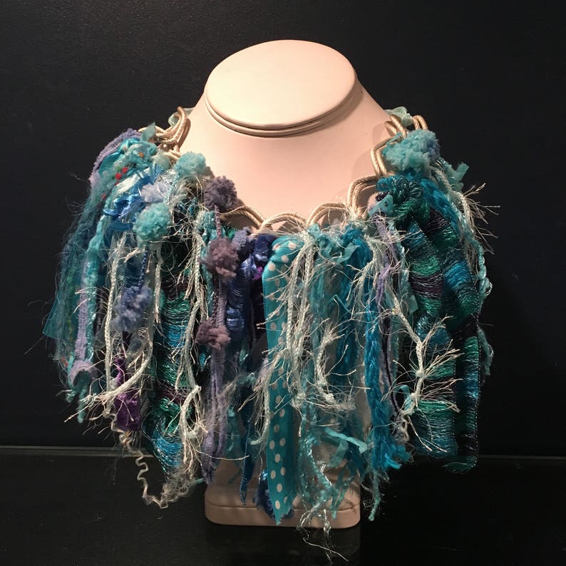 yarn choker gift for her fringe necklace necklace ribbon necklace Christmas gift funky turquoise /& aqua ribbon and yarn bib necklace