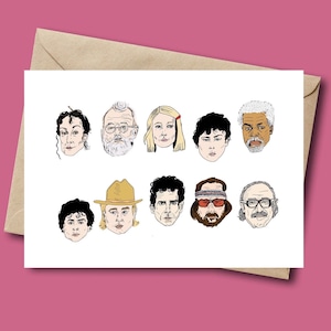 May include: A white card featuring illustrations of 10 different people's faces. The faces are drawn in a cartoon style with black outlines and coloured in.