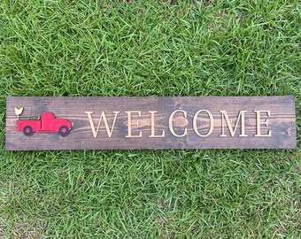 Red truck farmhouse welcome sign, rustic farm decor, new house gift, rustic wood decor, entry way display, country porch
