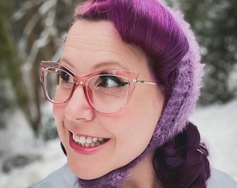 Purple vintage style hand knit bonnet/ear warmer with ties and pompoms - winter pinup hat handmade