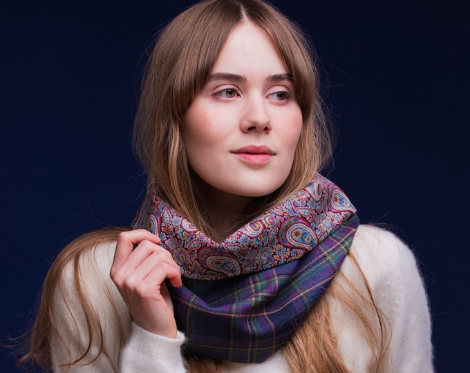 Highland Mist Tartan Cowl lined with Liberty Fabrics. Gift Made in Scotland