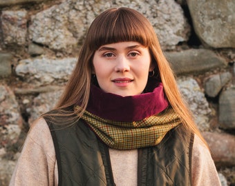 Classic Check Lovat Tweed Cowl Velvet Lining. Gift Made in Scotland
