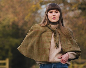 Classic Check Lovat Tweed Tie Neck Cape lined with Liberty Fabric. Gift Made in Scotland