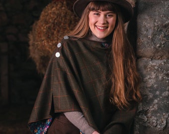 Rich Brown Lovat Tweed Poncho lined with Liberty Fabrics. Gift Made in Scotland