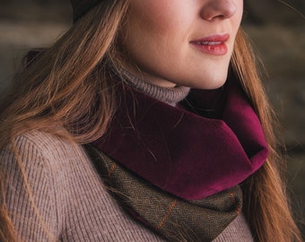 Rich Brown Lovat Tweed Cowl Velvet Lining. Gift Made in Scotland