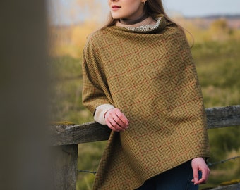 Classic Check Lovat Tweed Poncho lined with Liberty Fabrics. Gift Made in Scotland