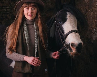 Dark Brown Lovat Tweed Long Scarf lined with Liberty Fabric. Gift Made in Scotland