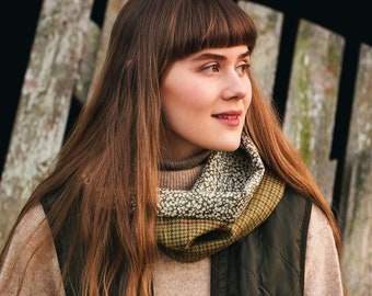 Classic Check Lovat Tweed Cowl lined with Liberty Fabrics. Gift Made in Scotland