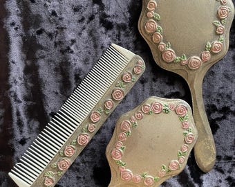 Vintage Godinger spiegelborstel set verzilverd roze rozen