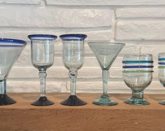 Beautiful mixed set of handmade Mexican blown glass drinkware