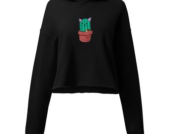 Cat Cactus Cropped Hoodie | Kawaii Botanical Plant Cat Sweatshirt
