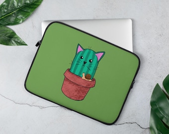 Cat Cactus Laptop Sleeve | Kawaii Cat Snail Plant Lover Cover