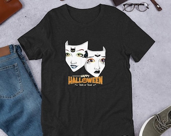 Halloween Theatre Masks T-Shirt | Gothic Drama Club Shirt | Black Cat Trick or Treat Tee | Soft Unisex Halloween Graphic Shirt