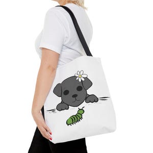 Black Dog Watching Caterpillar Tote Bag, Dog Lover Gift, Animal Print Shopper, Cute Pet Design, Reusable Purse, Eco-Friendly Carryall