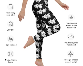 Drama Mask Black Yoga Leggings | Four-Way Stretch Microfiber | Raised Waistband |  No Pockets