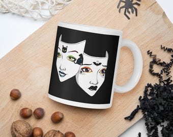 Halloween Theatre Mug, Gothic Comedy Tragedy Masks Coffee Cup, Spooky Actor Gift