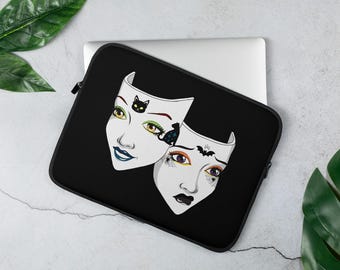 Gothic Theatre Laptop Sleeve, Comedy Tragedy Masks, Theatre Lover Gift, Cat Bat Spider Art, Spooky Laptop Case