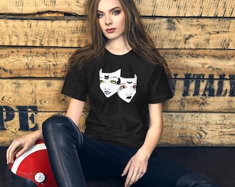 Halloween Theatre T-Shirt | Gothic Drama Mask Shirt | Black Cat & Bat Graphic Tee | Unisex Theatre Lover Halloween Shirt