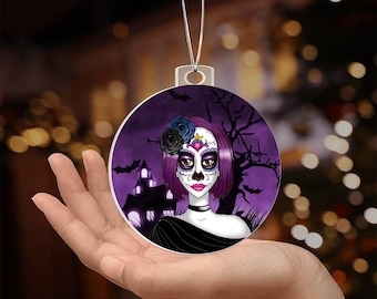 Sugar Skull Gothic Acrylic Ornament – Haunted House Halloween Ornament | Day of the Dead Inspired Holiday Décor