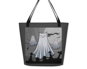 Ghost Cat Halloween Tote, Kawaii Graveyard Carryall, Cute Spooky Kitty Bag, Moonlit Bats, Whiskers, Tombstones, Oversized Shopper