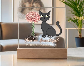 Personalized Cat Floral LED Acrylic Plaque – Custom Name Reminder Light Decore