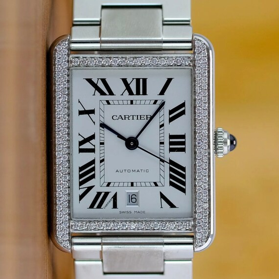 CARTIER TANK SOLO Automatic Steel 1TCW Diamond Bezel Watch | Etsy