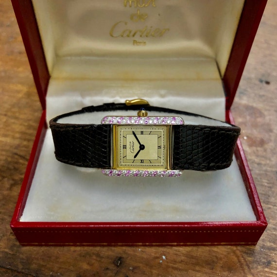 Must De CARTIER TANK Goldplated Watch Diamonds \u0026 Pink | Etsy Singapore