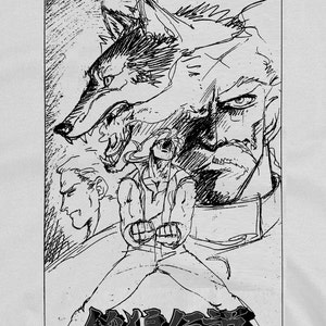 May include: Black and white illustration of a man with a wolf's head superimposed over his face. The man is holding his arms in front of him, and the wolf's head is snarling. The text "獣化伝説" is written in Japanese at the bottom of the image.