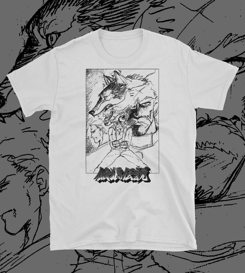 May include: A white t-shirt with a black and white illustration of a man with a wolf's head. The text "AKIRA" is printed below the illustration.