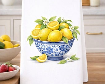Lemons in Blue & White Chinoiserie Bowl Kitchen Towel