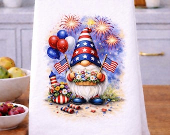 USA America Patriotic Gnome with Fireworks Kitchen Towel