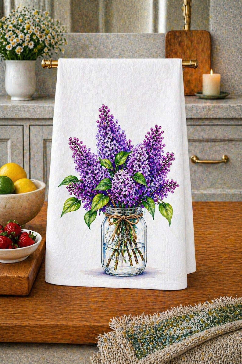 Purple home - Lilacs in mason jar kitchen towel