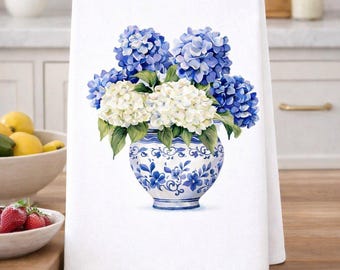 Blue and White Hydrangeas in Chinoiserie Vase Kitchen Towel