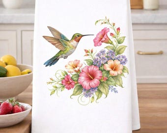 Hummingbird Spring Floral Kitchen Towel