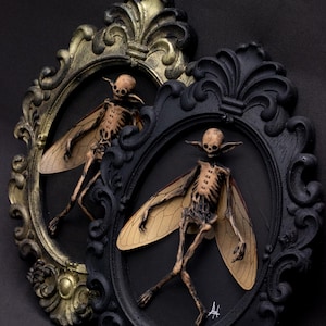 Peut inclure: Deux cadres noirs et dorés ornés de squelettes d'insectes ailés. Les squelettes ont des ailes détaillées. Les cadres sont de style baroque. Le fond est noir.