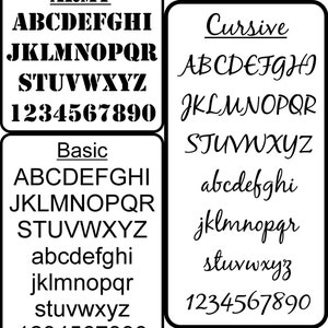 May include: A black and white image showing two different font styles: "Army" and "Cursive". The image shows the alphabet in uppercase and lowercase, as well as the numbers 1 through 9.