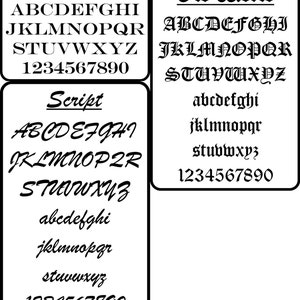 May include: A graphic showing different font styles for the alphabet and numbers. The fonts are labeled "Engraver", "Old World", and "Script".