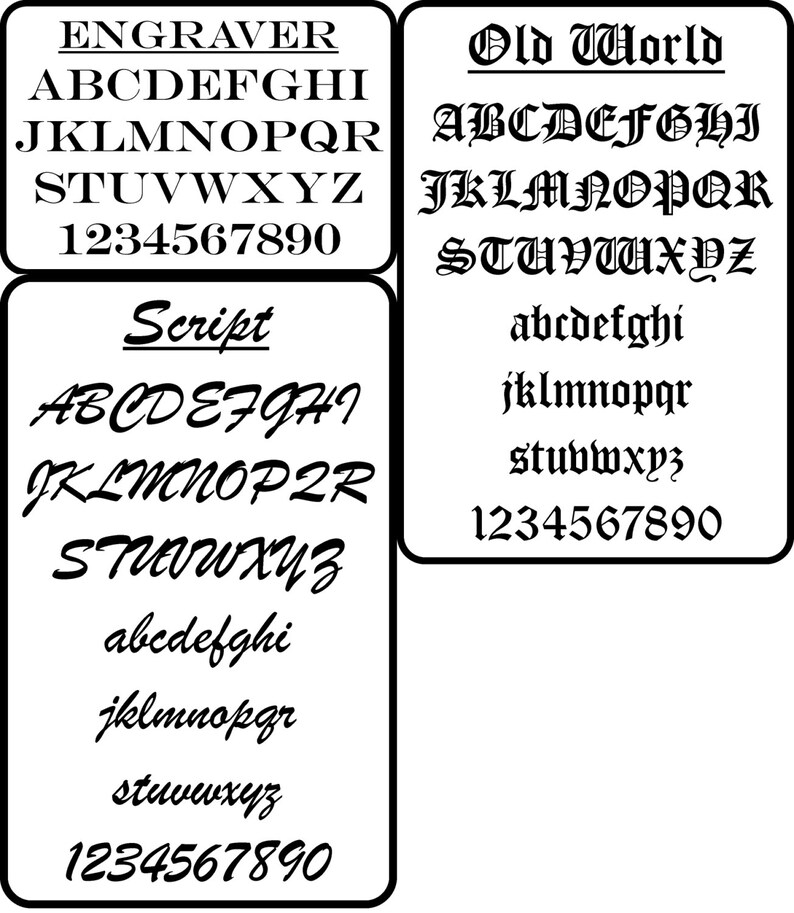 May include: A graphic showing different font styles for the alphabet and numbers. The fonts are labeled "Engraver", "Old World", and "Script".