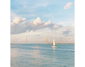 Charleston Harbor Print | Sailboat & Bridge, Archival Paper