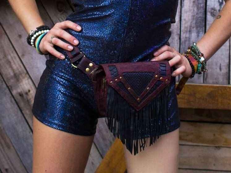 バッグ fringe double pocket leather belt Steampunk Belt Bag Black Leather Belt Bag Festival Hip Bag