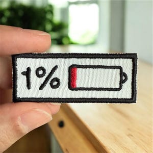 Low Battery Embroidered Patch: Recharge Needed Iron-On Applique