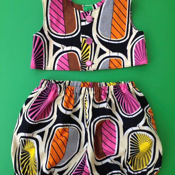 24 month old, toddler baby girls top and pants, Dutch wax block African print,cotton bloomers,playsuit