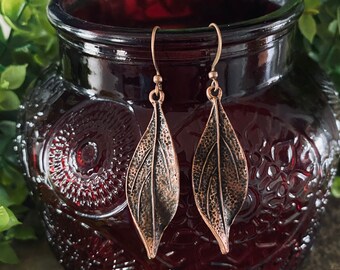 Rustic Leaf Copper Earrings, Antique Copper, Free Shipping, Leaf Earrings, Artisan Jewelry, Ready to Ship, Copper Leaves, Handmade, Boho