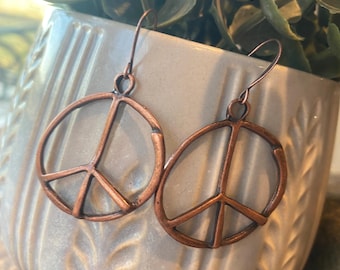 Big Peace Sign Earrings - copper Peace Sign Earrings - Large Peace Sign Earrings - Peace Sign Jewelry - Peace Sign Dangle Earrings