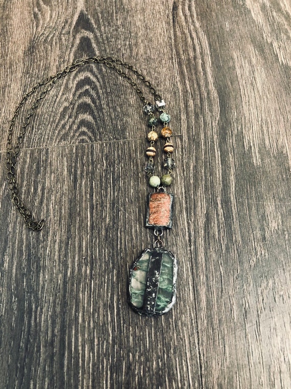 OOAK jewelry Stained Glass jewelry Long rosary chain Romantic necklace Vintage jewelry Soldered crystal prism pendant