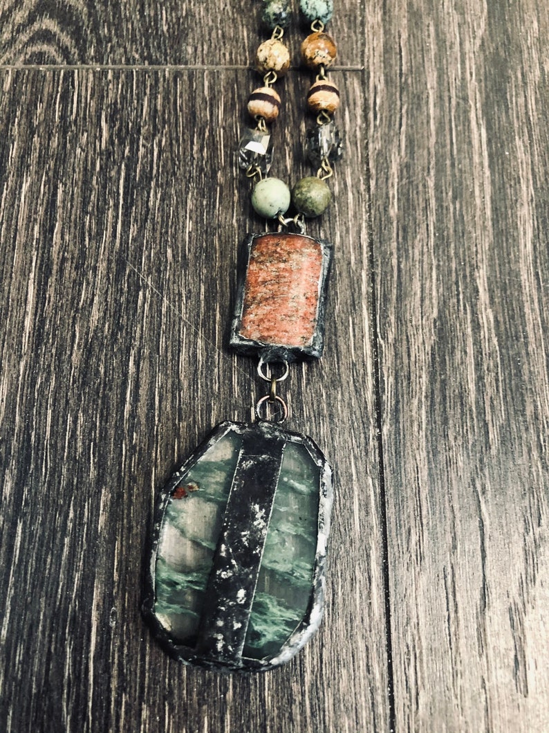 LONG necklace soldered jewelry rosary chain Soldered crystal and stone pendant layered jewelry. gift for mom rustic jewelry